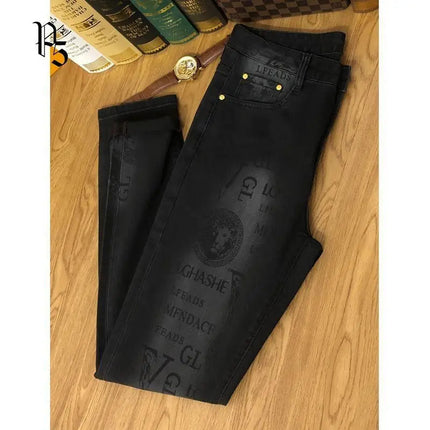 Spring and Autumn Korean Slim Jeans for Men 2025 High-end Luxury Clothing Black Printing Mid-waist Stretch Casual Pencil Pants PlatiNum