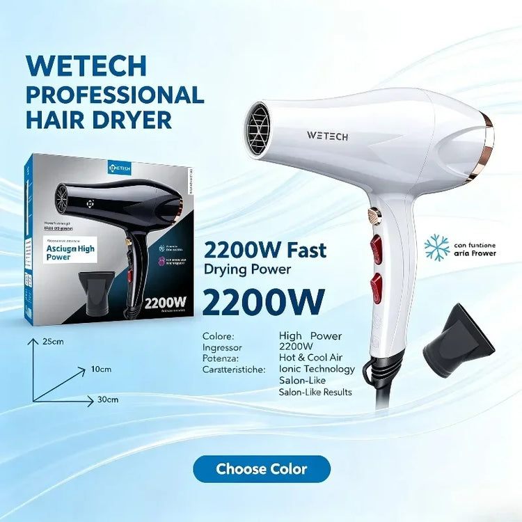 WETECH 2200W Professional Negative Ionic Hair Dryer Dual Voltage 100‑240V Adjustable Hot And Cool Wind Blow Dryer With Concentrator Nozzle Salon Home Hair Styling Tool