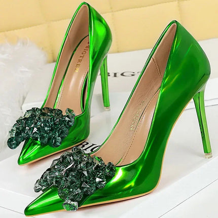 Donne 10.5cm tacchi alti in pelle lucida Drag Queen banchetto Dress Pumps Lady Luxury Crystal Bow Stiletto Blue Green Red Prom Shoes