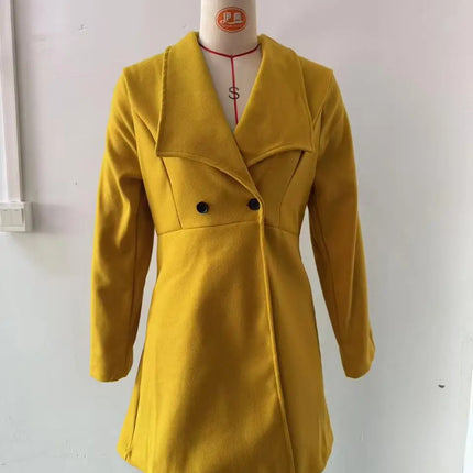 Women's Autumn Winter Yellow Woolen Coat Elegant Lapel Double Button Slim Fit Mid-Length Overcoat Casual Long Sleeve Outerwear F