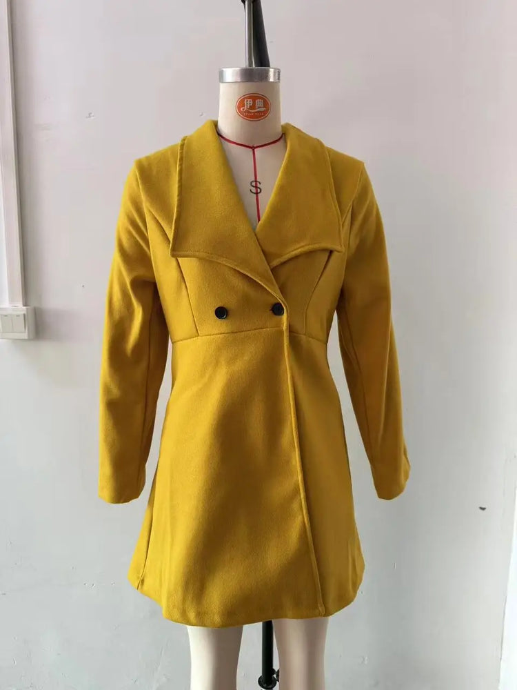 Women's Autumn Winter Yellow Woolen Coat Elegant Lapel Double Button Slim Fit Mid-Length Overcoat Casual Long Sleeve Outerwear F