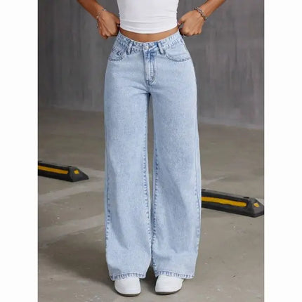 Jeans a gamba dritta a vita alta lavati blu da donna americana Jeans larghi con tasche frontali e posteriori adatti per l'abbigliamento casual quotidiano