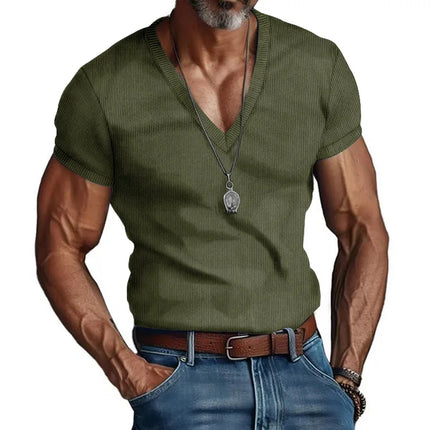 Men's European and American Summer Corduroy Solid Color Slim Casual V-Neck T-Shirt Amazon