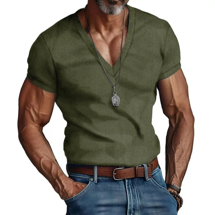T-shirt casual slim tinta unita con scollo a V da uomo estiva europea e americana in velluto a coste da uomo Amazon