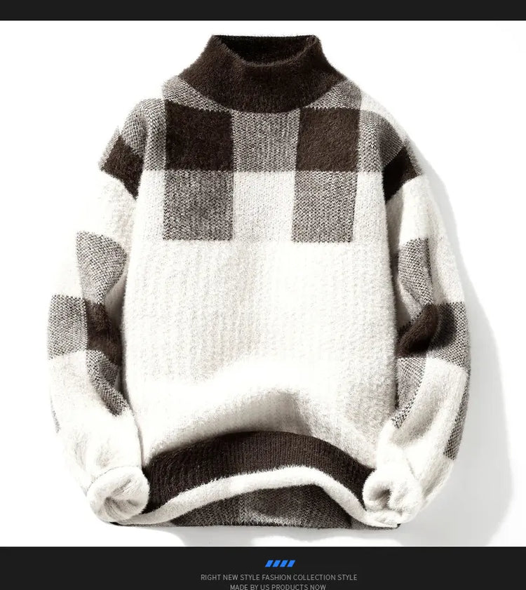 2023 Winter/Autumn Mink velvet High-Quality Fashion Trend Plaid Pattern Sweater Men Casual Loose Warm Sweaters Men Comfortable