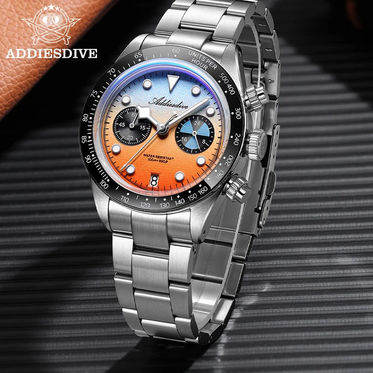 ADDIESDIVE 40mm Quartz Men's Watch AD2559 316L Stainless Steel 100M Water Resistant BGW9 Super Luminous Chronograph
