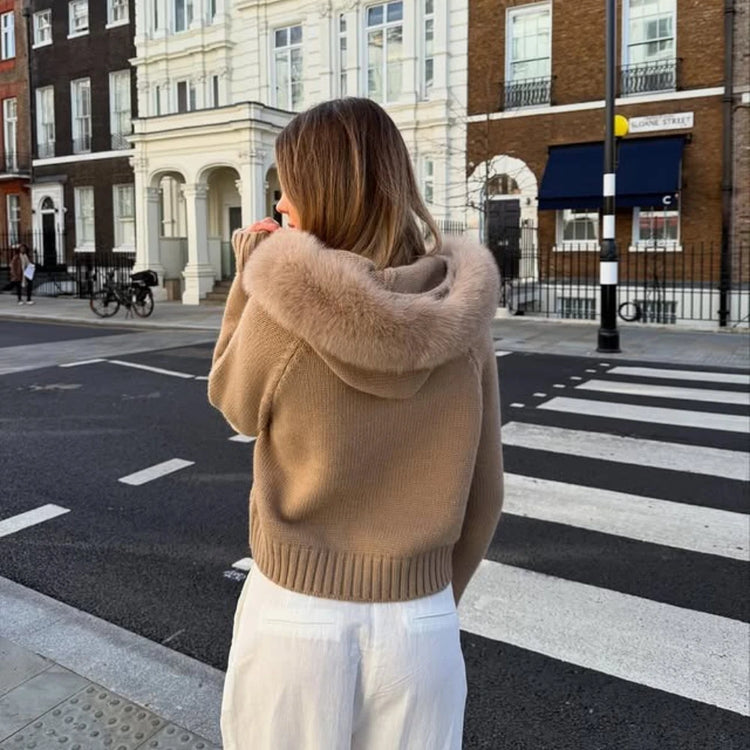 OFTBUY Real Fox Fur Kintwear Women New Spring Autumn Hooded Sweater Female Loose Zipper Kintted Jacket Oversized Cardigan
