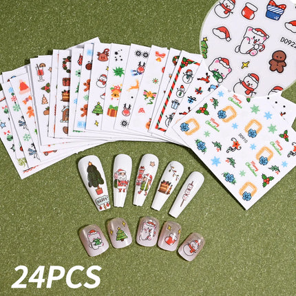 24Pcs 3D Christmas Nail Stickers Cartoon Santa Claus Elk Snowman Snowflakes Self-Adhesive Nail Decals Kid Girl Xmas Gift Sliders