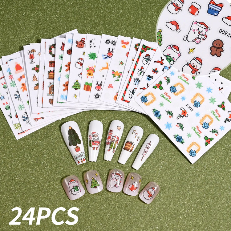 24Pcs 3D Christmas Nail Stickers Cartoon Santa Claus Elk Snowman Snowflakes Self-Adhesive Nail Decals Kid Girl Xmas Gift Sliders