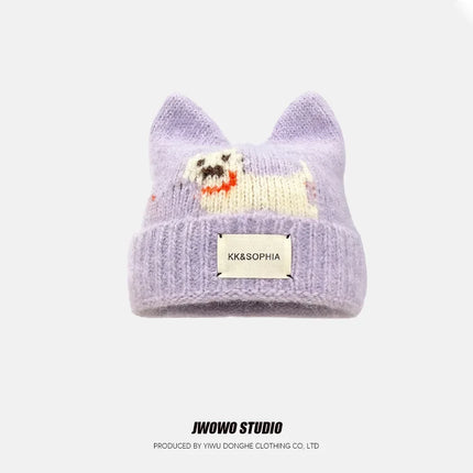 Cute Cartoon Kitten Ear Woolen Cap for Women Warm Cold-proof Autumn Winter Puppy Pattern Knitted Hat Fashion Sweet Crochet hats