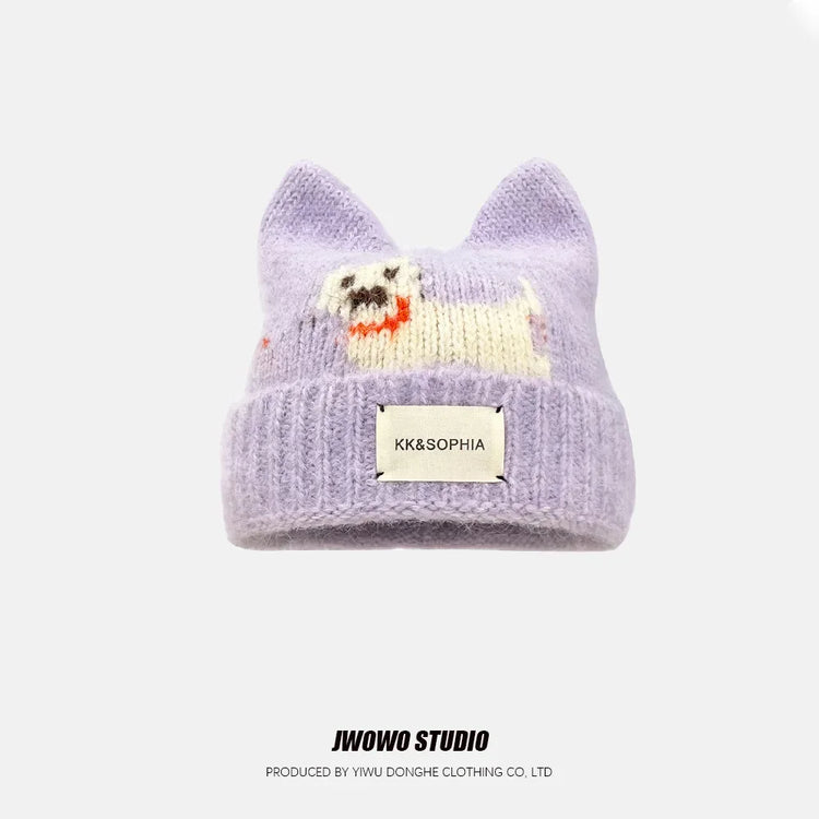 Cute Cartoon Kitten Ear Woolen Cap for Women Warm Cold-proof Autumn Winter Puppy Pattern Knitted Hat Fashion Sweet Crochet hats