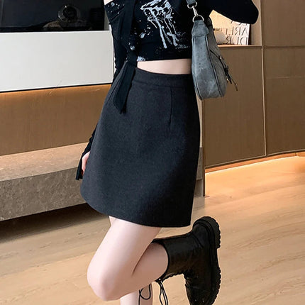 Autumn Winter Anti-Exposure Woolen Mini Skirt Women Korean College Style Short Skirts New Thicken Warm High Waist A-Line Skirt PlatiNum