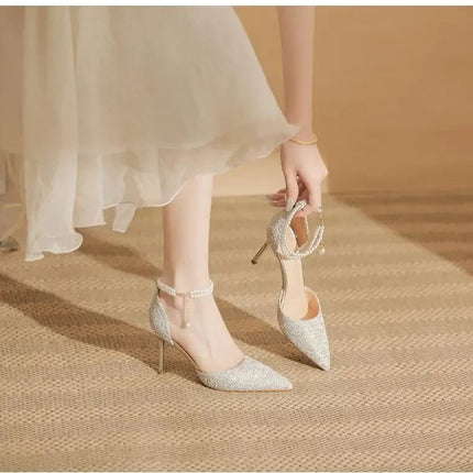 Size 31-43 Women High Heels Stiletto Heel Summer Lace Mesh Sweet Gold Silver Wedding Shoes PlatiNum