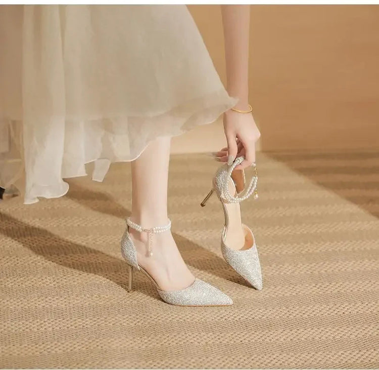 Size 31-43 Women High Heels Stiletto Heel Summer Lace Mesh Sweet Gold Silver Wedding Shoes PlatiNum