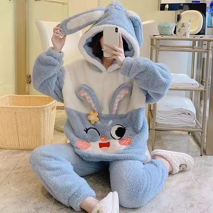 2024 New Plush Pajamas Set for Women Thick Hooded Women 2 Piece Clothes Set Cute Rabbit Women Pyjamas Coral Fleece Warm Homewear