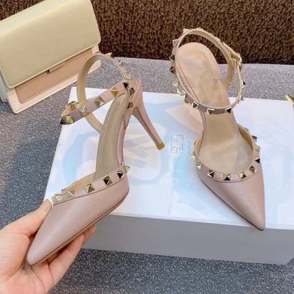 Lady autentici sandali in pelle cinturino con fibbia tacchi alti sottili scarpe alla moda Lock Gold Studs Dress Pumps 33-41 25cm White Blac