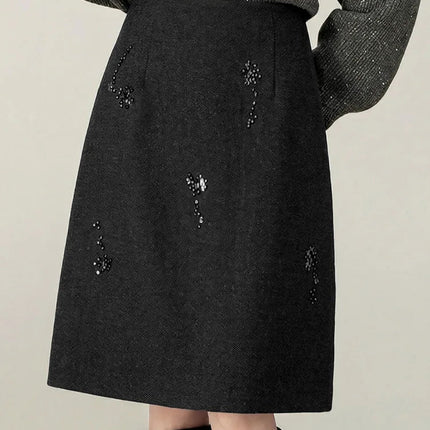 SENTUBILA Women's Straight Skirt 2025 Office Lady Wool Blend Sequin Beading Mid Length Skirt Winter Clothing for Women 154QF6318 PlatiNum