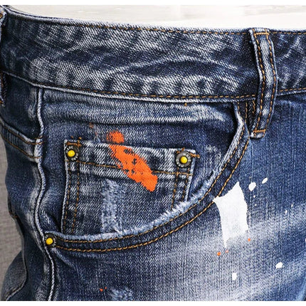 Fashion Streetwear Men Jeans Retro Black Blue Elastic Slim Fit Ripped Jeans Men Spliced Designer Embroidery Hip Hop Denim Pants PlatiNum