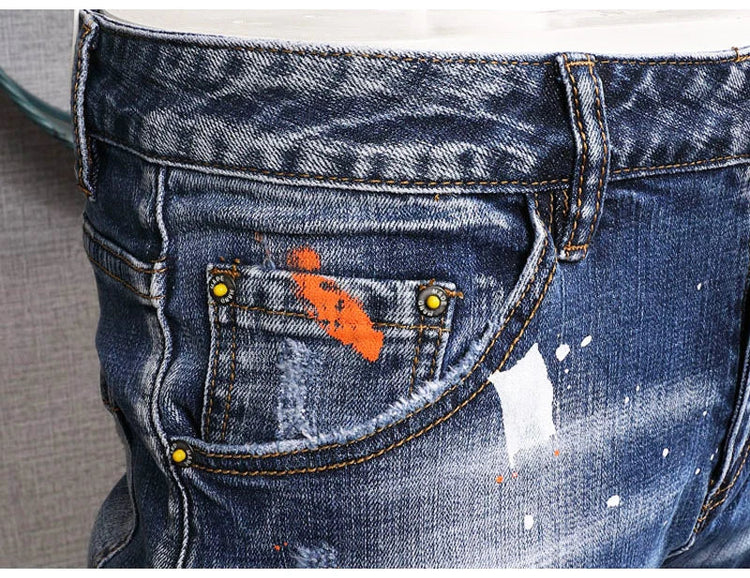 Fashion Streetwear Men Jeans Retro Black Blue Elastic Slim Fit Ripped Jeans Men Spliced Designer Embroidery Hip Hop Denim Pants PlatiNum