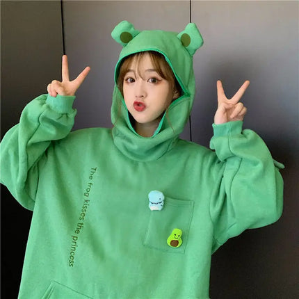Y2K Autumn Winter Unisex Cartoon Frog Fleece Hoodies Loverly Zipper Loose Warm Sweatshirt Full Sleeve Harajuku Hooded Jackets