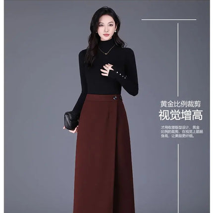 Women's Woolen Autumn and Winter New Style Elegant One-piece Unique and Stylish Straight Tube Slit Hugging Skirt PlatiNum