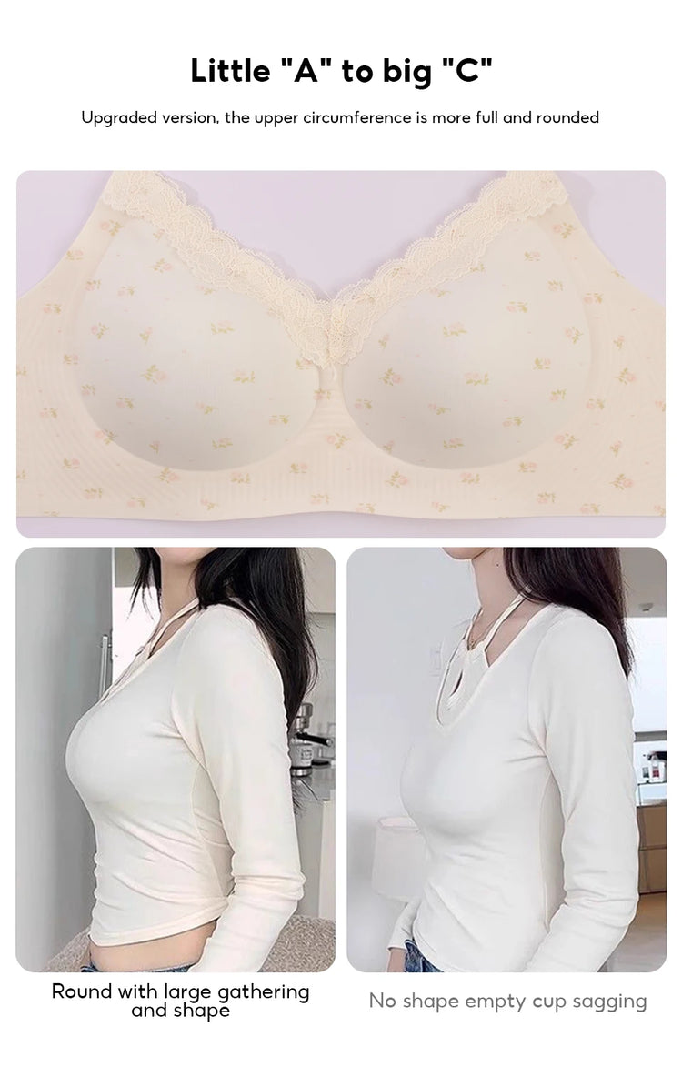 FallSweet French Floral Wireless Push Up Bra for Women Sweet Lace Bralette with Small Breasts Anti-sagging Brassiere Lingerie