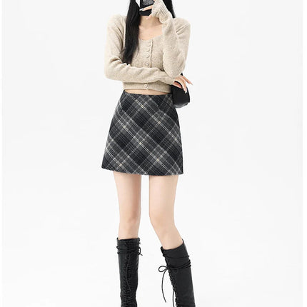 Autumn Winter Woolen Plaid Mini Skirt for Women College Casual All Match Short Skirts Woman Thicken Warm High Waist A-Line Skirt PlatiNum