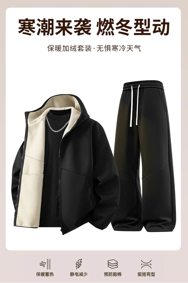 Men's Sweatshirt Set Fleece Jacket Sweatpants 2 Piece Hooded Oversize 6XL 7XL 8XL Tracksuit Winter Warm Zip Outfit Thick Thermal