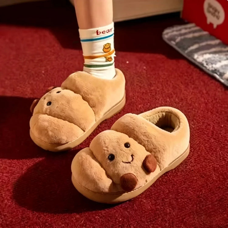 ZUOFU Unisex Cute Croissant Plush Slippers Autumn Winter Non-Slip TRP Fluffy Indoor Cotton Slippers Open & Closed Back Available