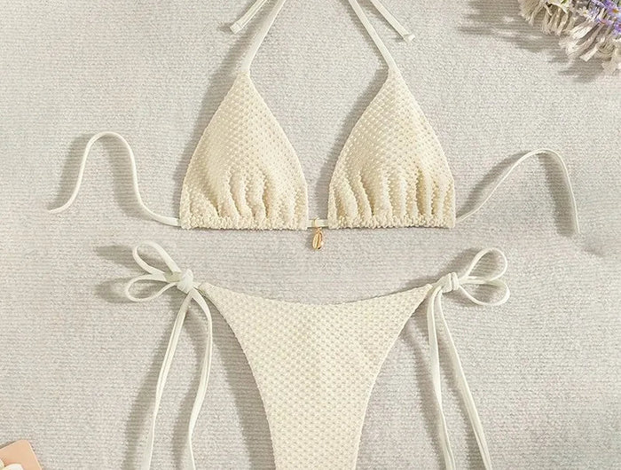 Nuovo Bikini Halter Testurizzato 2026 da Donna, Set Bikini a Triangolo a 2 Pezzi, Costume da Bagno Sexy a Taglio Alto con Laccetti Laterali PlatiNum
