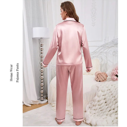 Pijama de mujer de otoño lujoso pijama de manga larga de satén liso elegante cuello con solapa top y pantalones largos ropa de dormir y pijama