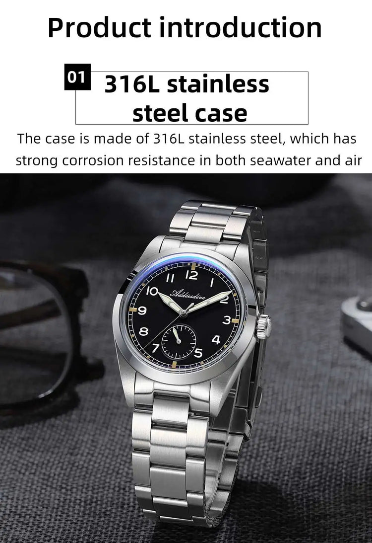 ADDIESDIVE 36mm Men Quartz VH60 Watch AD2099 BGW9 Luminous Bubble Mirror Pot Cover Glass 10Bar Waterproof Stainless Steel Watch