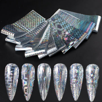 10pcs Holographic Chrome Silver Nail Art Foil Transfer Stickers Irridescent Rainbow Geometric Aurora Laser Nail Foils Decoration 2028