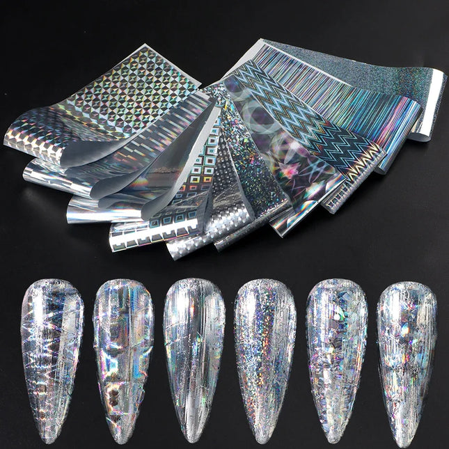 10pcs Holographic Chrome Silver Nail Art Foil Transfer Stickers Irridescent Rainbow Geometric Aurora Laser Nail Foils Decoration 2028