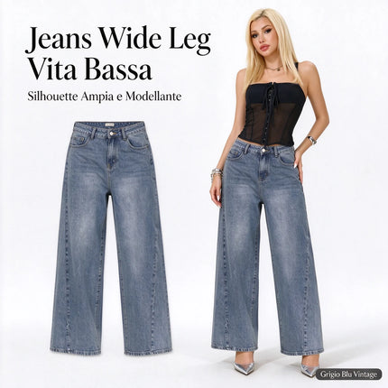 Women's Low Waist Wide Leg Jeans, Grey Blue Washed Denim, Stretchy, Casual Fashion Wide Leg Pants for Female,Yw-1918