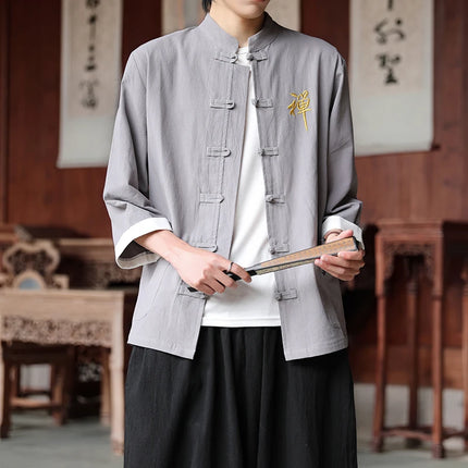 Camicie in cotone e lino Stile cinese retrò Tai Chi Kung Fu Camicie tradizionali Ricamo Camicia da uomo comoda e traspirante vestibilità ampia