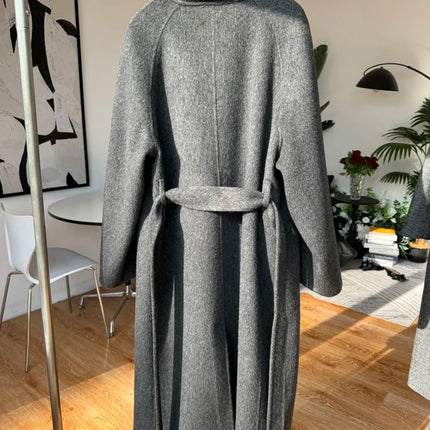 Korean Fashion Dark Gray Stand Collar 100%Wool Coat Women Long Winter Jacket