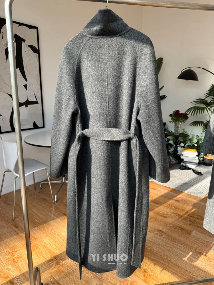 Korean Fashion Dark Gray Stand Collar 100%Wool Coat Women Long Winter Jacket