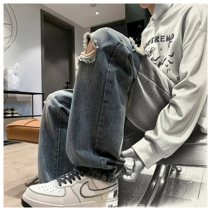 New vintage casual loose fit men's jeans with high street style straight leg denim pants for teenagers, torn knees and damaged PlatiNum