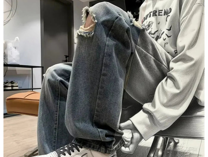 New vintage casual loose fit men's jeans with high street style straight leg denim pants for teenagers, torn knees and damaged PlatiNum