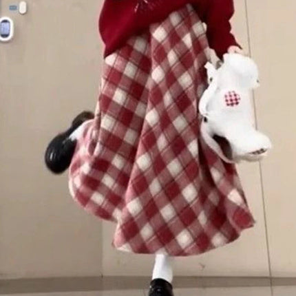 Red Plaid Midi Skirt Women Fall Winter Vintage High Waist Sweet Woolen Cloth Skirts Retro Loose Preppy Aesthetic Female Skirt PlatiNum