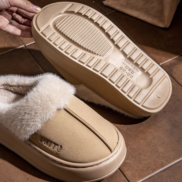 Comwarm Winter Furry Women's Slippers Anti-slip Indoor Slides Thick Sole Cotton Slides Fuzzy Cozy Warm Outdoor Women's Slippers