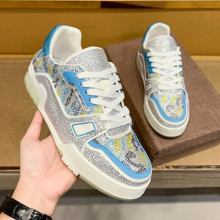 Men Diamonds Crystal Patchwork Suede Genuine Leather Shoes Lace Up Round Toe Thick Bottom Casual Shoes Height Increase Platform