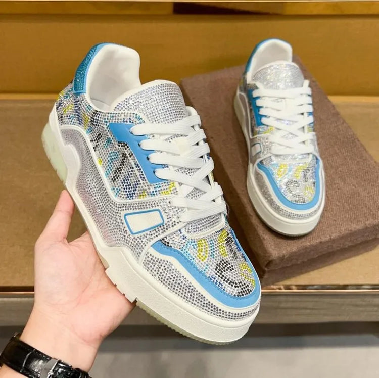 Men Diamonds Crystal Patchwork Suede Genuine Leather Shoes Lace Up Round Toe Thick Bottom Casual Shoes Height Increase Platform