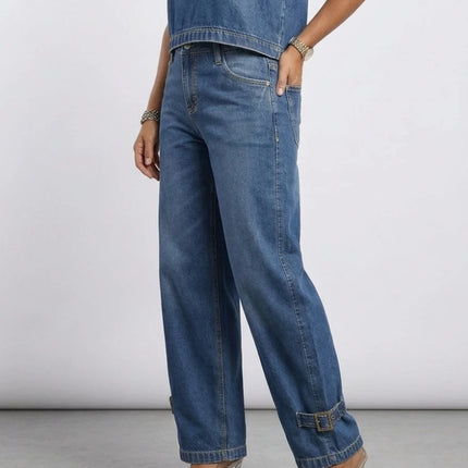 Jeans a Vita Alta e Gamba Larga da Donna, Estate 2026, Stile Retrò Streetwear, Pantaloni in Denim con Fibbie, Casual per il Quotidiano