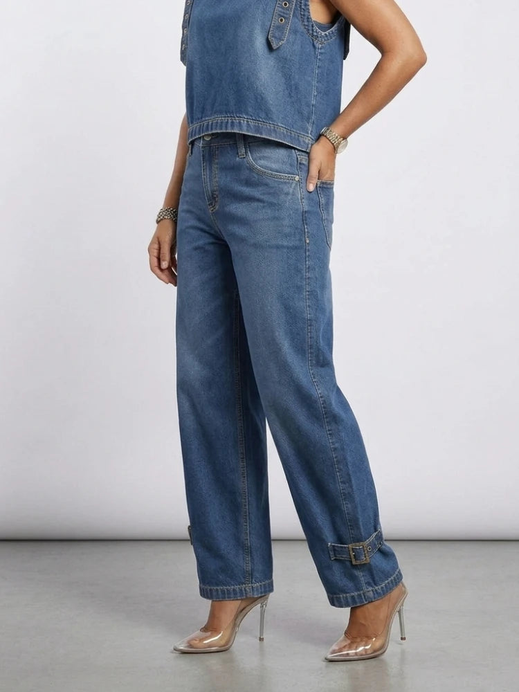 Jeans a Vita Alta e Gamba Larga da Donna, Estate 2026, Stile Retrò Streetwear, Pantaloni in Denim con Fibbie, Casual per il Quotidiano