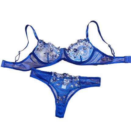Embroidery Women's Transparent Mesh Underwear Two-piece Bra And Panties Sets