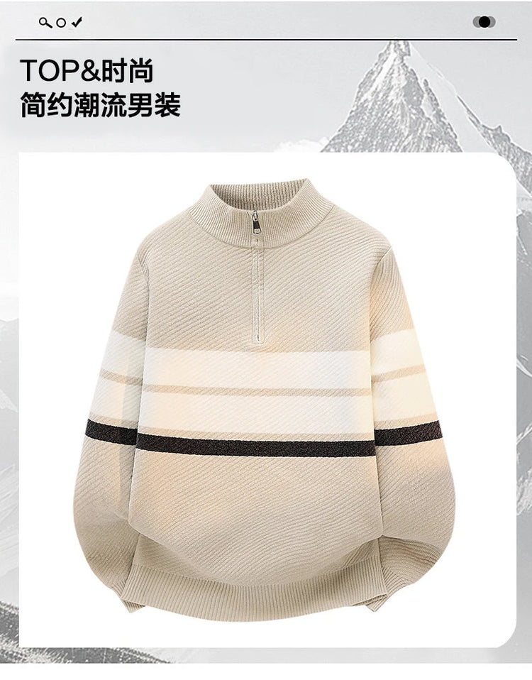 High Quality Fashionable and Simple Half Zipper stripe Sweater Men's Autumn and Winter Knitted Sweater Casual Pullover Top