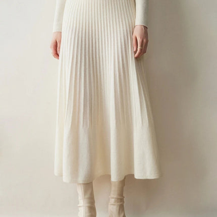 New Arrivals Women Cashmere A-line Skirt Elastic Waist Pleated Skirt 100% Cashmere Knitted Autumn Winter Thin Office Lady Dress PlatiNum