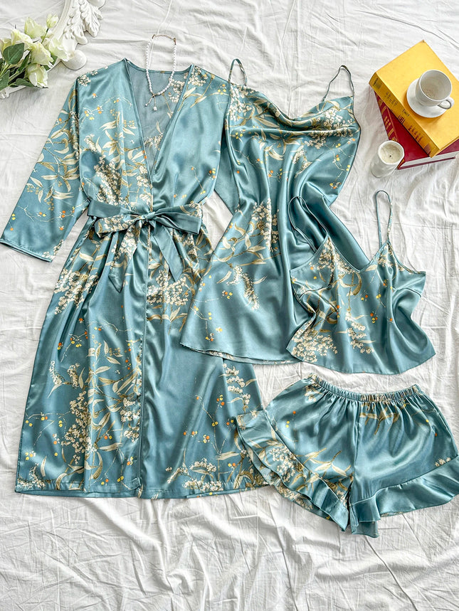 Comfortable summer bathrobe with irregular cherry print and laced shorts, sexy four-piece women's pajama set